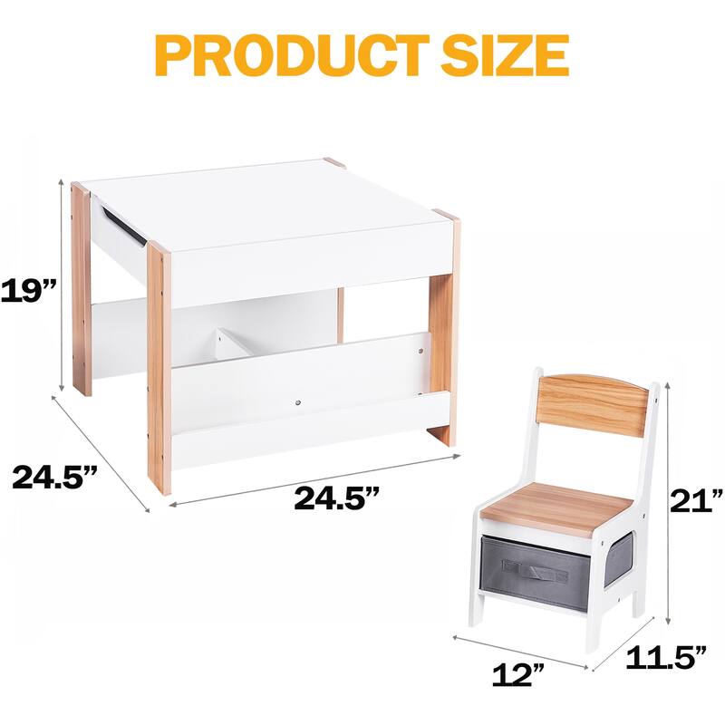 Kids Table and Chair Set, 4 in 1 Wooden Activity Table & 2 Chairs with Storage Drawer