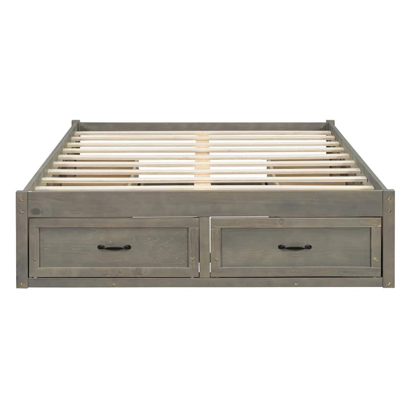 Queen Size Platform Bed Frame with 6 Built-In Storage Drawers, No Headboard, Low Profile Design in Antique