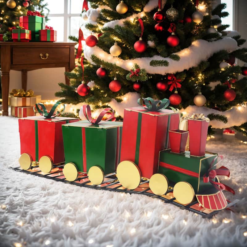Hortense Iron Christmas Train Decor with Gift-Shaped Carriages by Christopher Knight Home - 47.00"W x 11.10"D x 17.25"H - Red