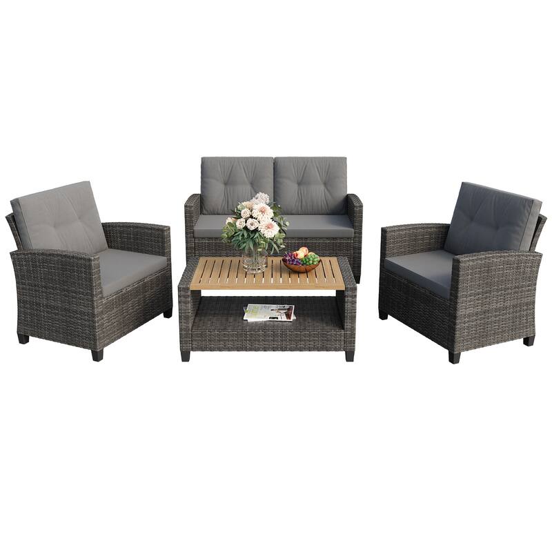 4-Piece Patio Furniture Set with 2-Tier Coffee Table, Perfect for Porch Balcony Backyard Deck - Grey
