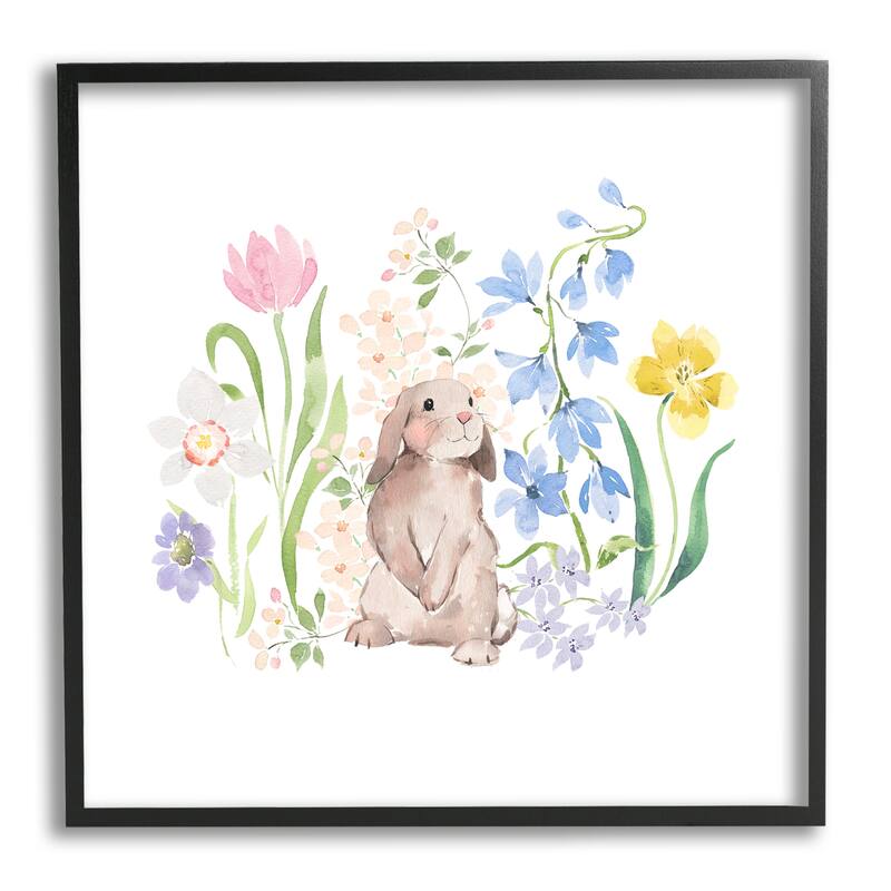 Stupell Spring Flowers & Rabbit Framed Giclee Art Design by Heather Lee Chan - 17 x 17 - Black
