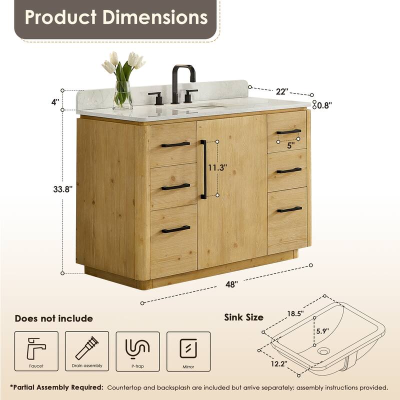 Serene Bathroom Vanity in Nature Brown with Grain White Engineered Stone Countertop without Mirror