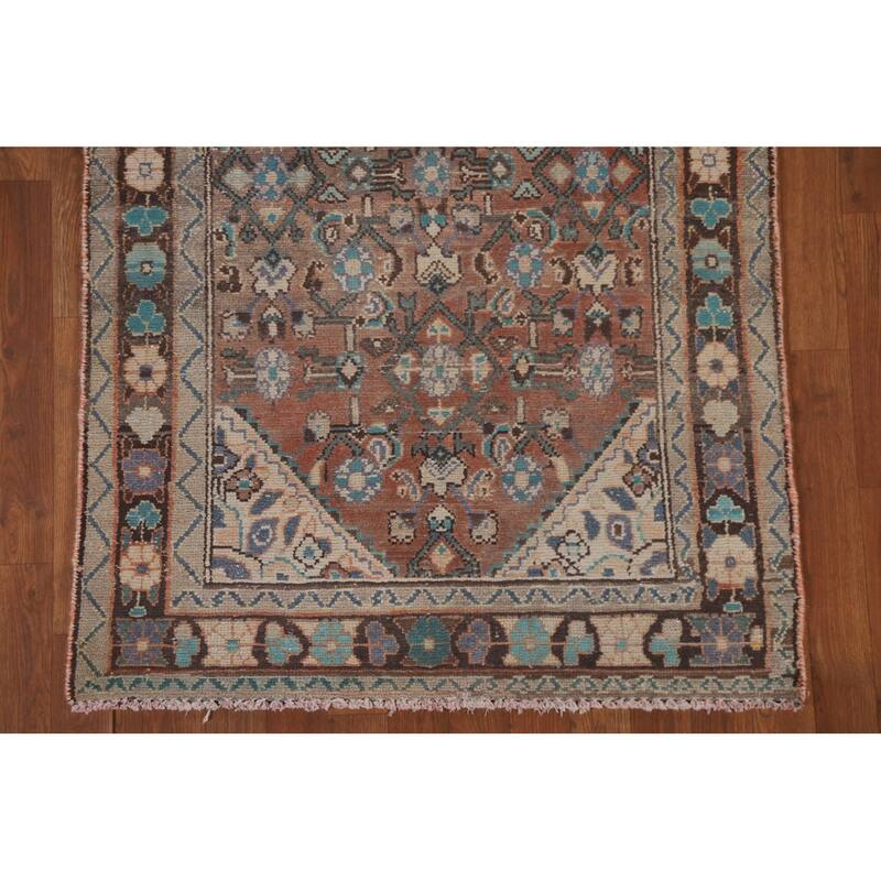 Hand Knotted Oriental 100% Wool Carpet Traditional Geometric Oranges & Rust Hamedan Runner Rug - 9' 1'' X 3' 3''