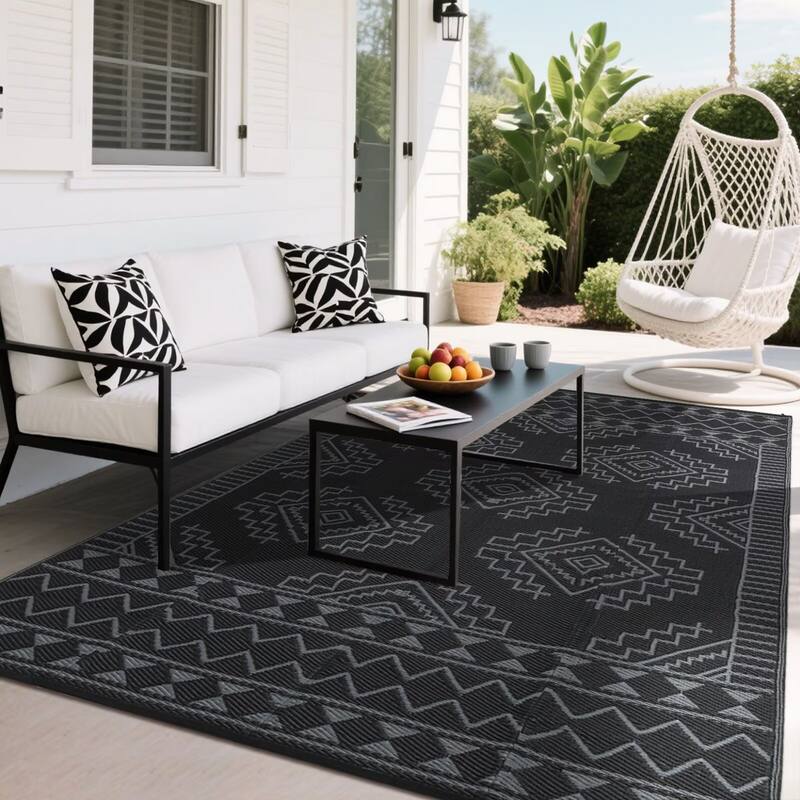 Outdoor Rug Waterproof Boho Geometric Patio Rug Mat Reversible Plastic Straw Rug Outside Outdoor Area Rug