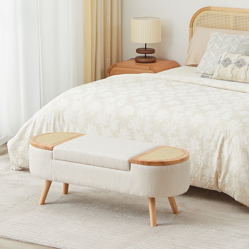 Ottoman Storage Bench with Rattan,Linen Seat