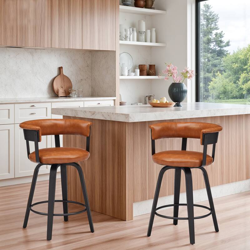 Art Leon Swivel Bar Stool Counter Height Chair with Wood Frame(set of 2) - Brown Faux Leather