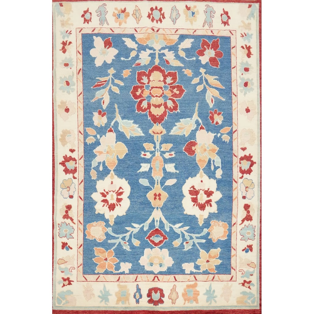 Hand Knotted Oriental 100% Wool Carpet Transitional Floral Navy Blue & Blues Oushak Area Rug - 10' 3'' X 8' 2''