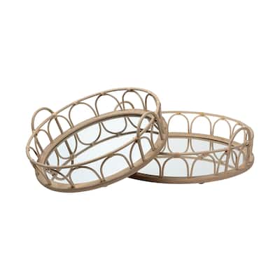 Leona Brown Wicker Mirrored Base Nesting Trays (Set of 2) - 19.3L x 18.9W x 5.7H