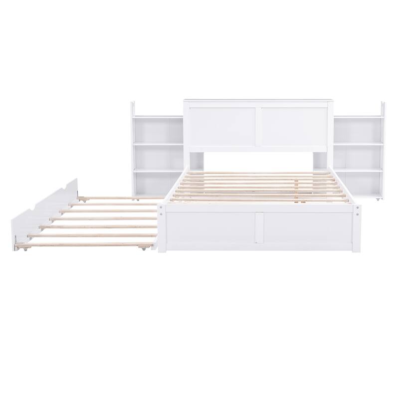 White Full Size Storage Platform Bed with Pull-Out Shelves and Twin Trundle