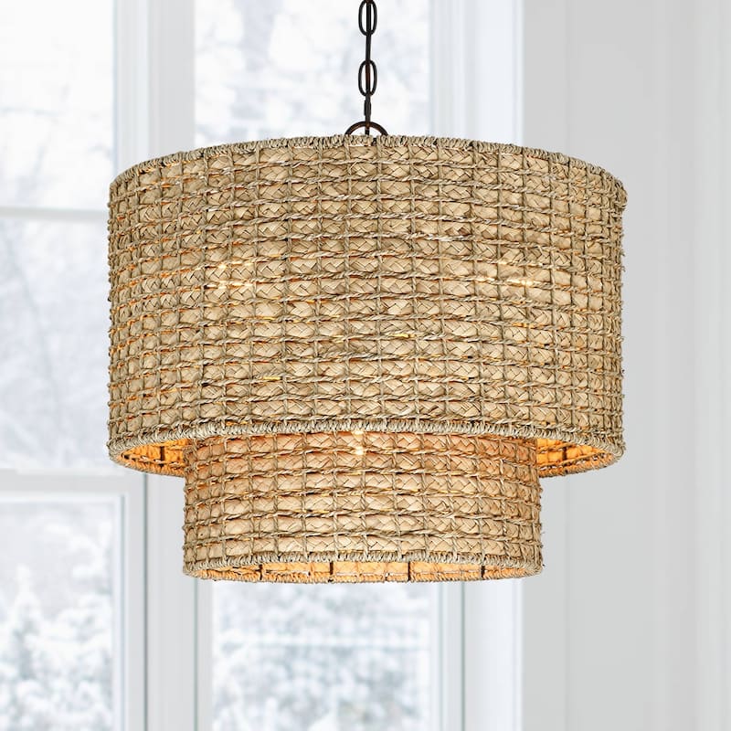 4-Light Natural Rattan Traditional Drum Pendant Light Black Canopy - Black/earthy - 20 in. W - 20 in. W