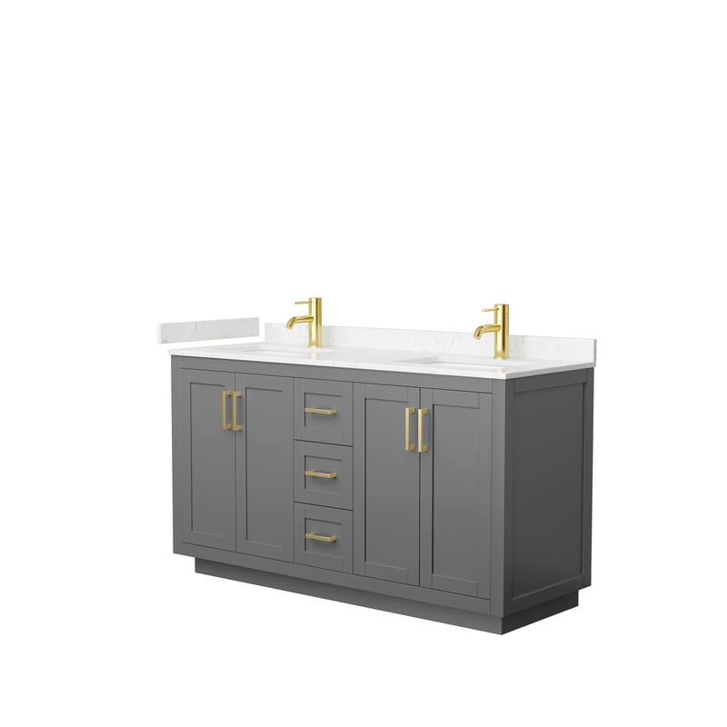 Miranda Double Vanity Set, Cultured Marble Top, No Mirror - 60-Inch Double - Dark Gray, Gold Trim, Carrara Cultured Marble Top