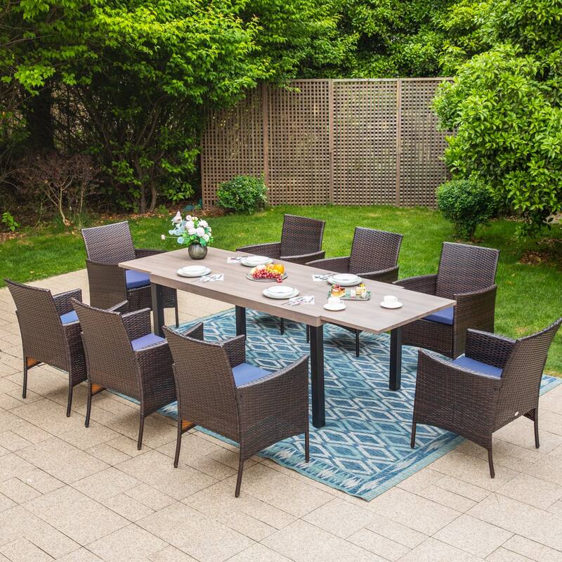 7/9-piece Patio Dining Set, Expendable Rectangular Outdoor Dining Table with Rattan Chairs