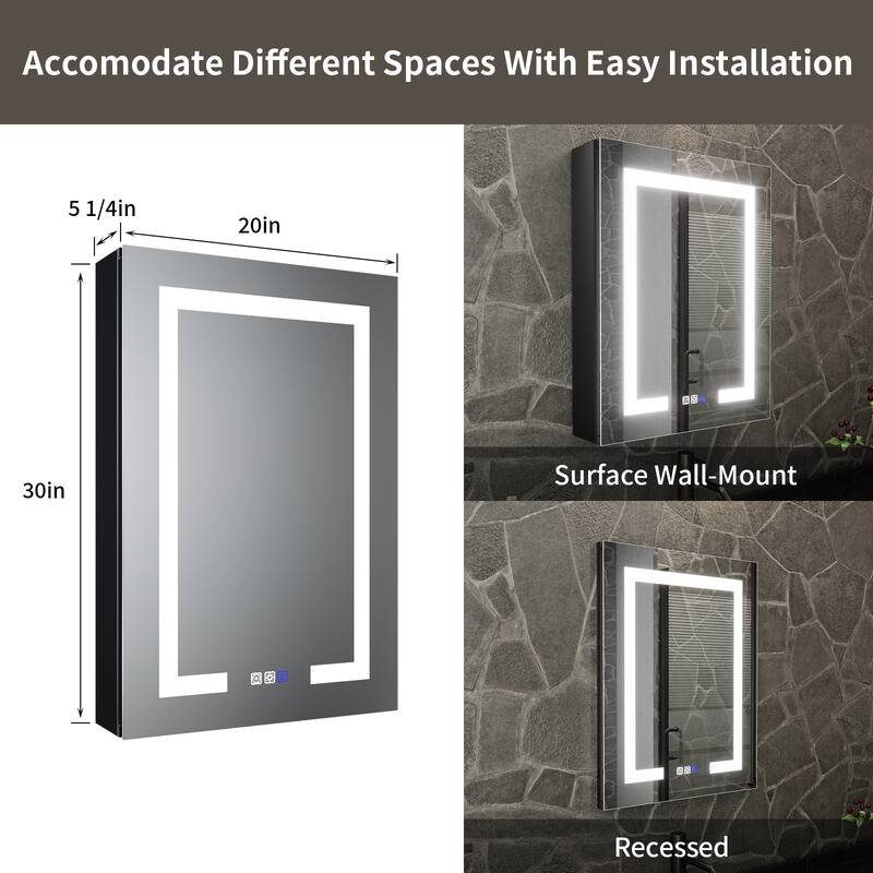 ExBrite 20" x 30" LED Lighted Bathroom Medicine Cabinet with Mirror,Recessed or Surface Mount,Defog