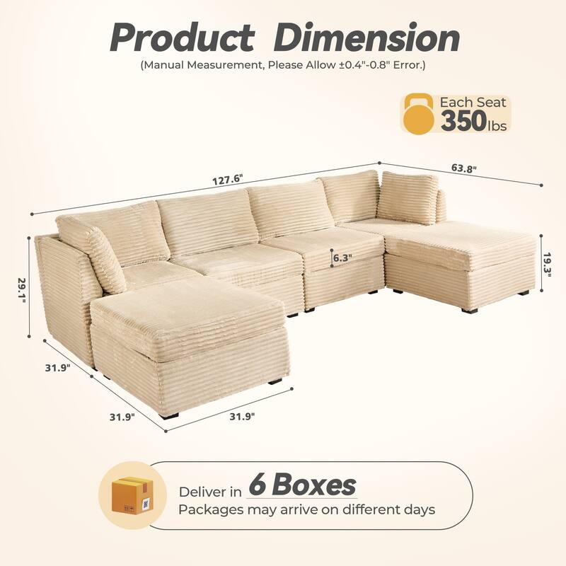 HOOOWOOO Modular U-shaped Corduroy Fabric Sectional Sofa Couch with Ottoman