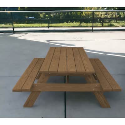 HomeRoots 94" Wood Brown Solid Wood Outdoor Picnic Table with Umbrella Hole