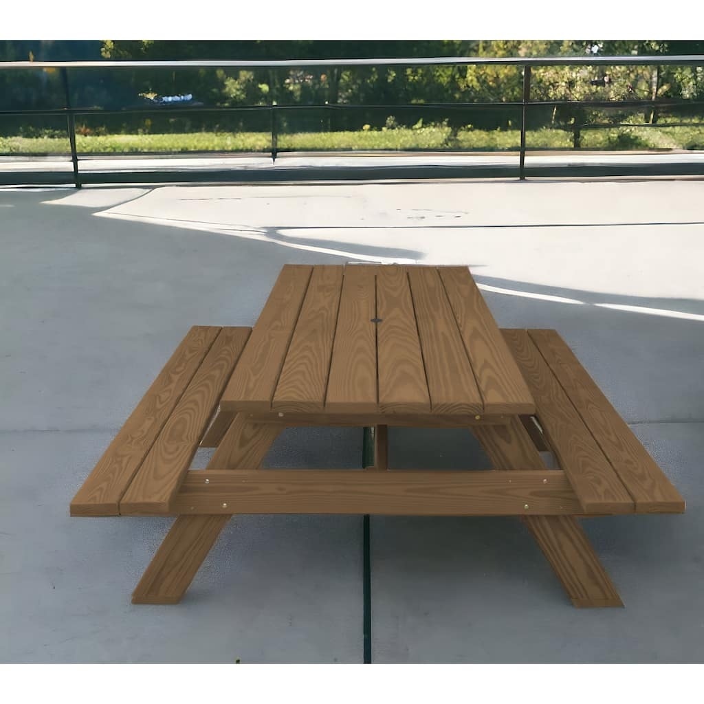 HomeRoots 94" Wood Brown Solid Wood Outdoor Picnic Table with Umbrella Hole