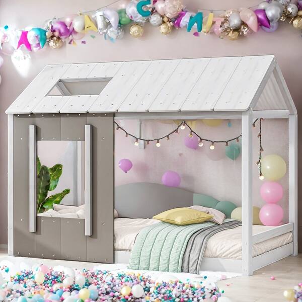 slide 2 of 18, Twin Size House Platform Bed with Roof and Window, Sturdy Pine Wood Frame, Decorative and Fun Design, White+Antique Grey Grey
