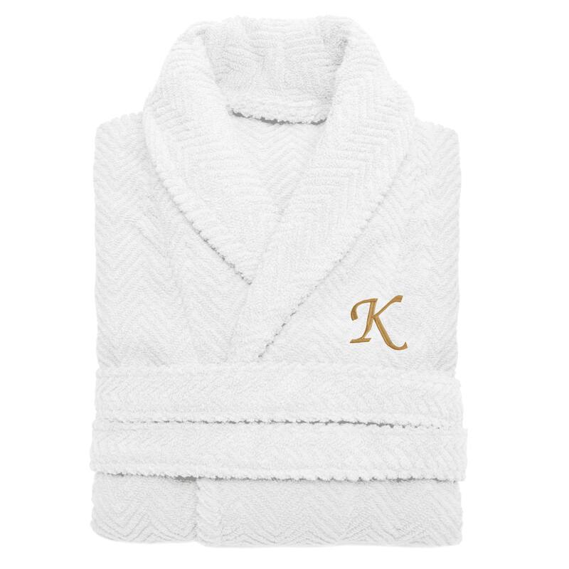 Authentic Hotel and Spa White with Gold Monogrammed Herringbone Weave Unisex Bath Robe - S/M - K