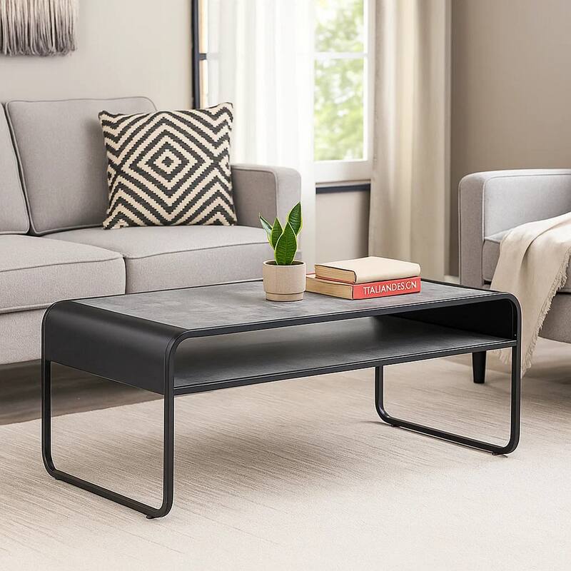 Ish 42 Inch Modern Coffee Table with Curved Edge Design, Wood, Gray, Black