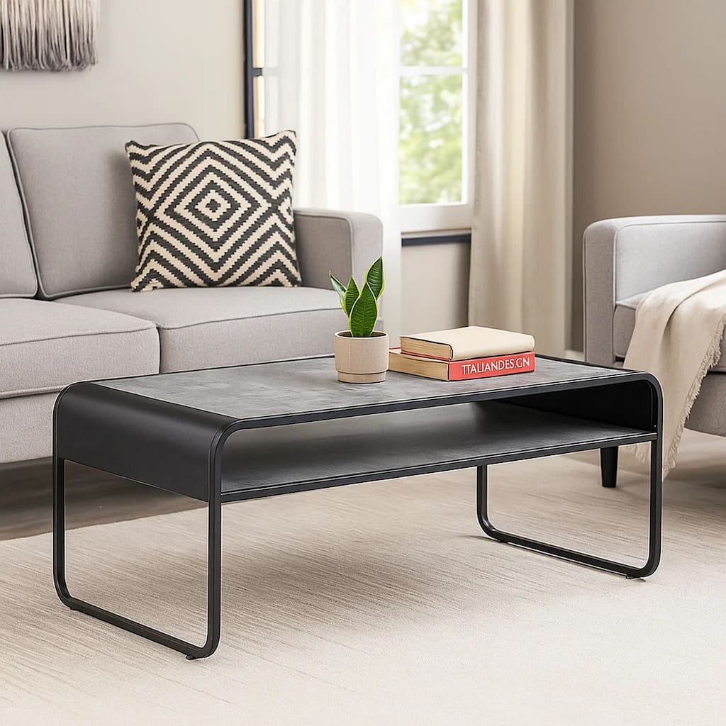 Ish 42 Inch Modern Coffee Table with Curved Edge Design, Wood, Gray, Black