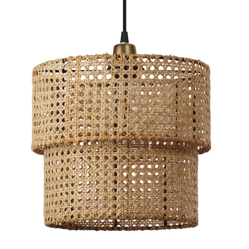 Kimika River of Goods Tan and Gold Rattan and Metal 12-Inch Pendant Light with Adjustable Hanging Cord - 12" x 12" x 15/80"