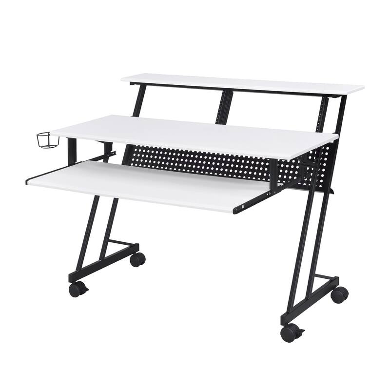 Music Recording Studio Desk with Keyboard Tray, White and Black