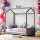 preview thumbnail 10 of 14, Twin Size Velvet House Bed Wood Bed With Strips on Headboard,Sturdy Construction For Bedroom