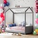 preview thumbnail 1 of 6, Twin Size Velvet House Bed Wood Bed With Strips on Headboard Grey