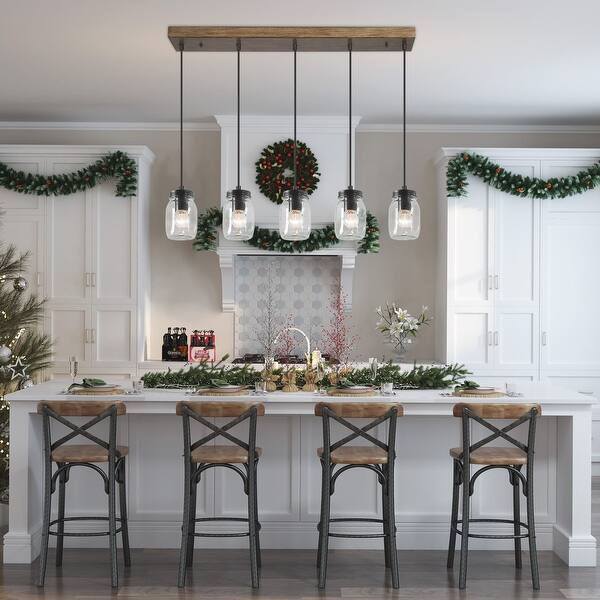 Modern Farmhouse Chandelier Pendant Lighting for Kitchen Island Black 5 Lights Clear Glass Shades Linear Dining Room Lighting Fixtures Hanging by Lucidce