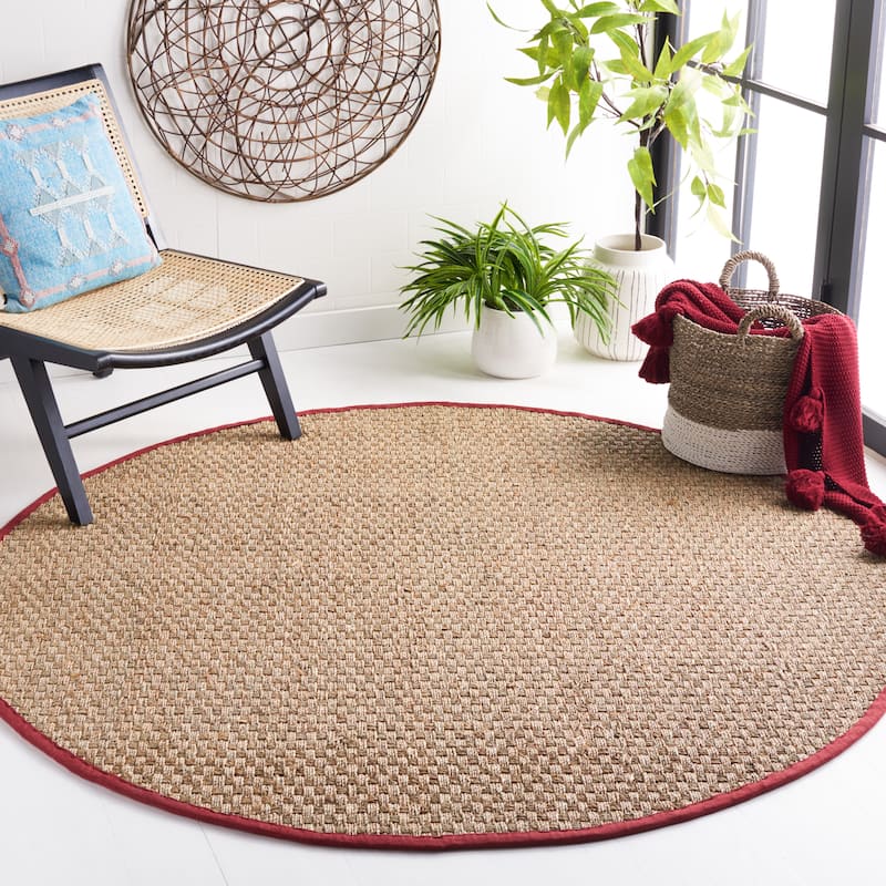 SAFAVIEH Natural Fiber Marina Basketweave Seagrass Rug - 6' x 6' Round - Natural/Red