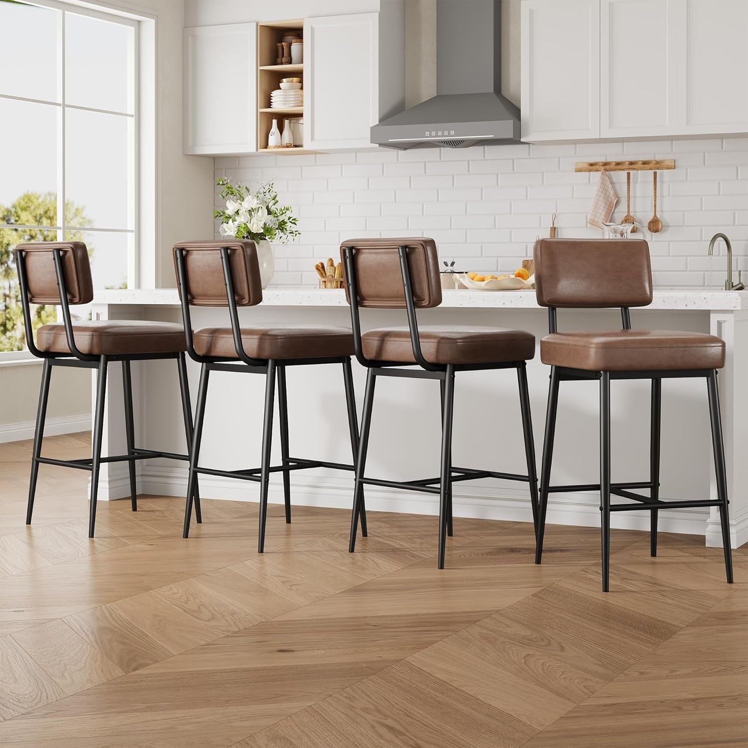 Bar Stools Set of 4, 26 in Brown Counter Height Bar Stools with Backs - 18.1"D x 37.4"W x 19.5"H