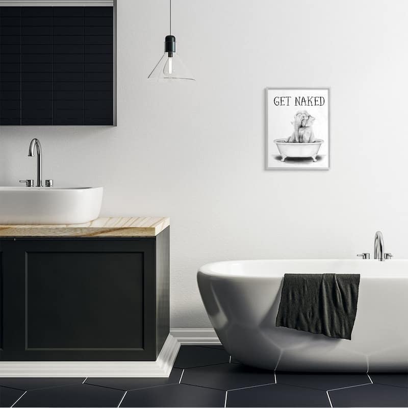 Stupell Elephant Bathroom Humor Get Naked Phrase Animal Tub Framed Wall Art - White