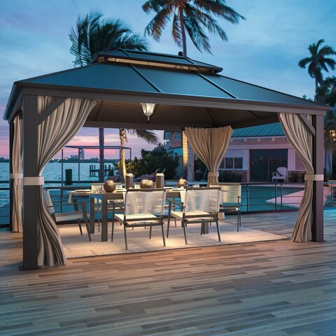 EROMMY Outdoor Galvanized Steel Roof Gazebo w Wooden Coated Alumninum Frame, Privacy Curtains and Nettings Include