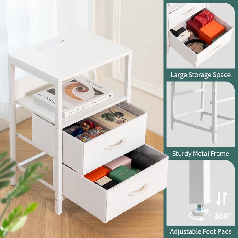 Nightstand with Charging Station, Small Night Stand with Fabric Drawers,Small Spaces Bedside Table with USB Ports & Outlets