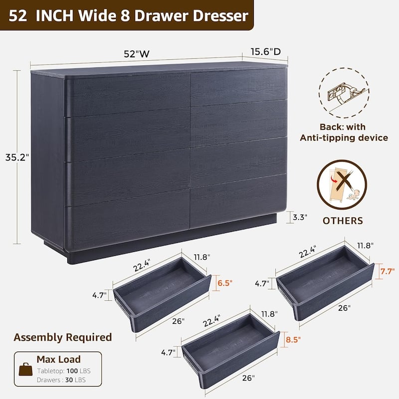 Modern 8 Drawer Dresser for Bedroom, Handle-less Wooden Dressers