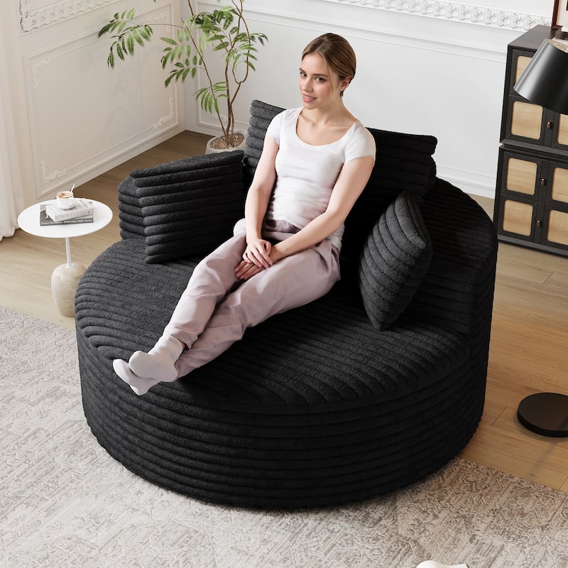 Corduroy Upholstered Single Sofa, Oversized Fluffy Sleeper Chair, Round Reading Chair with Headrest & 2 Pillow