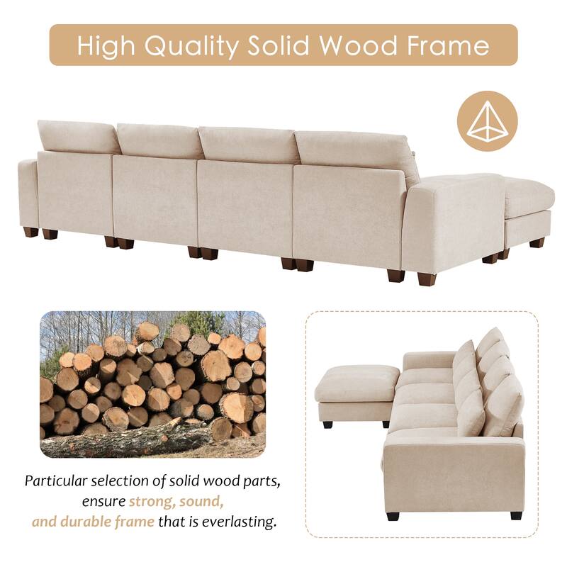 Chenille L-Shape Modular Sectional Sofa, Convertible Sleeper Upholstered Sofabed with 4 Pillow and Movable Ottoman