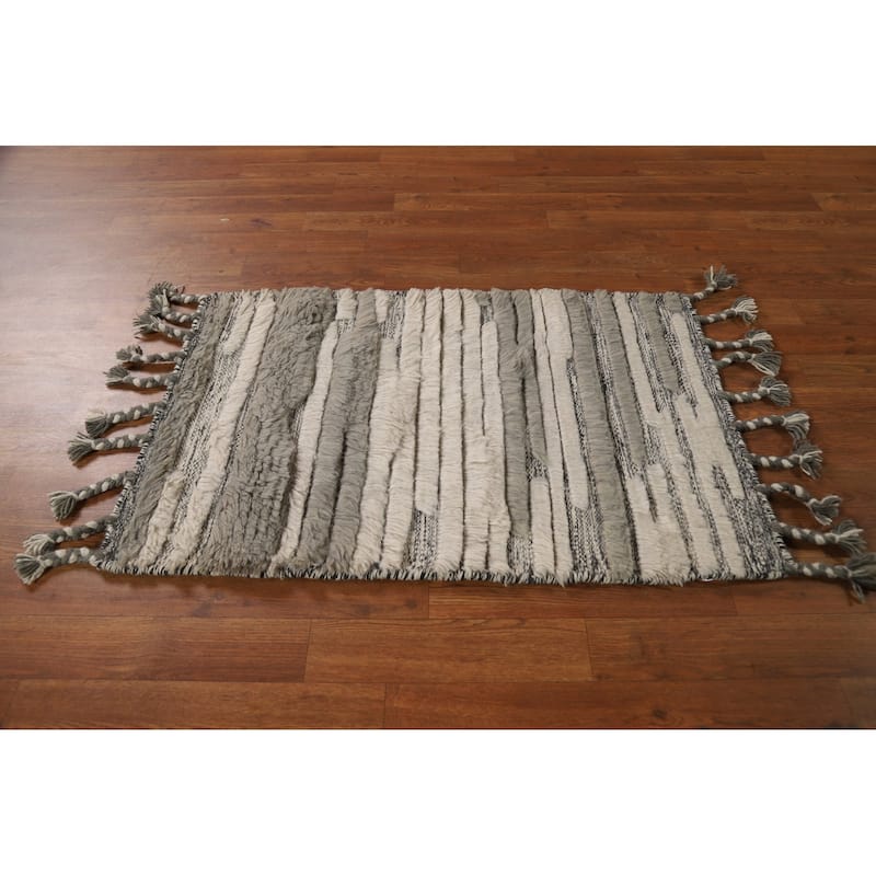 All-Over Striped Moroccan Indian Foyer Rug Hand-Knotted Wool Carpet - 2'0"x 3'0"