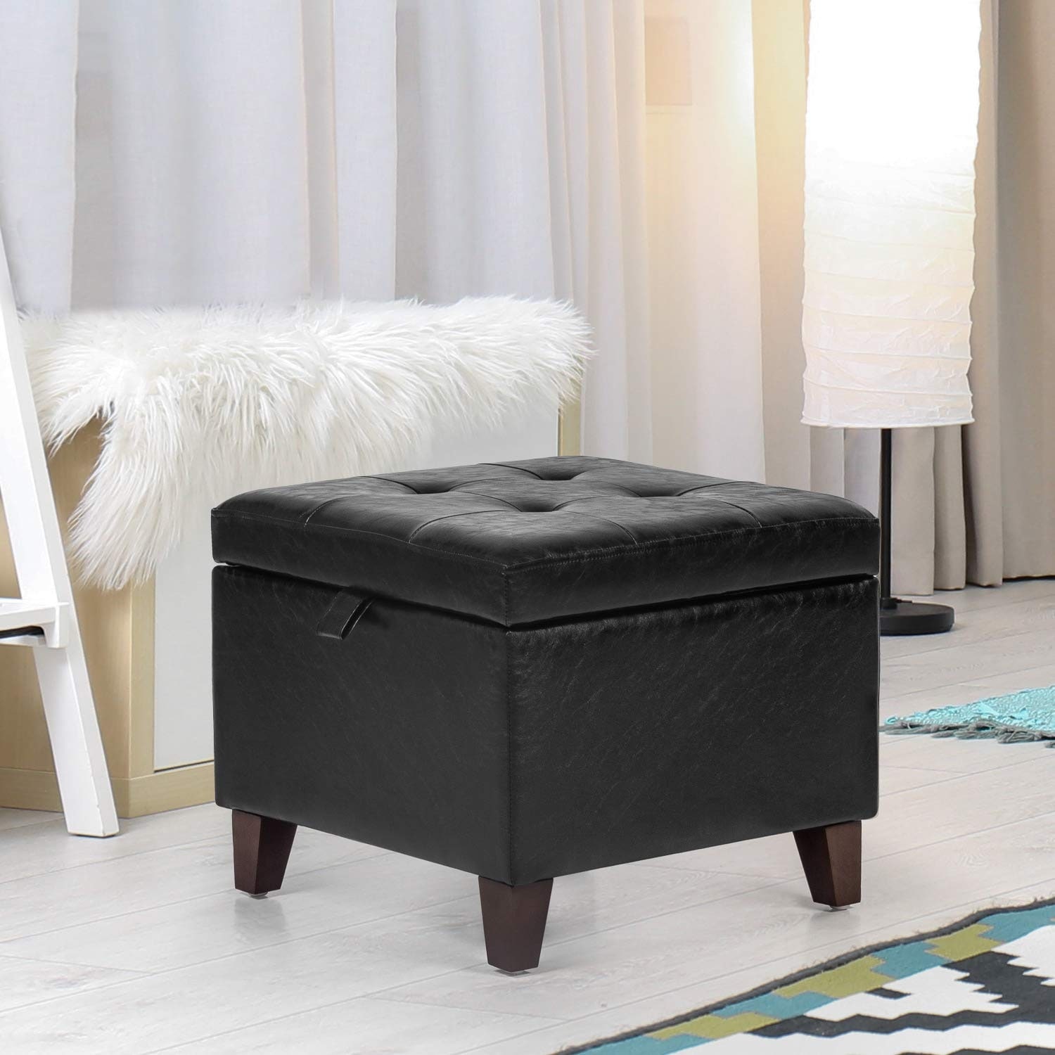Adeco Faux Leather Tufted Flip Top Storage Ottoman