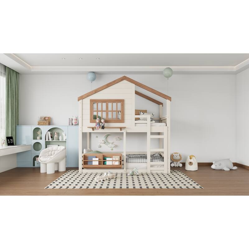 Twin Size Bunk Bed/Loft Bed with Bookshelf, House Design, High-Quality Safety Fencing