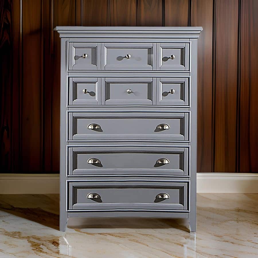 Lile 50 Inch Tall Dresser Chest, 6 Drawer, Crown Molding, Solid Wood, Gray
