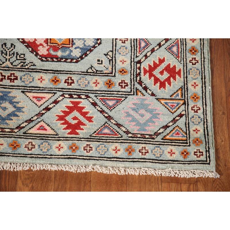 Geometric Kazak Rug Hand-Knotted Blue Wool Carpet - 3'3"x 4'11"
