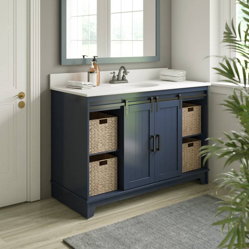 48" Sliding Barn Door Single Bathroom Vanity with Woven Baskets