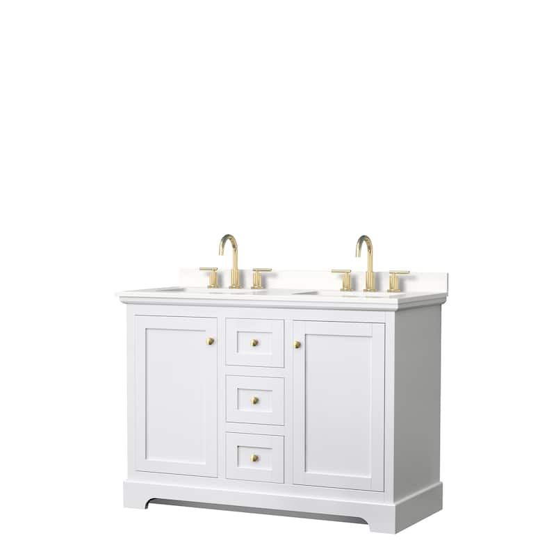 Avery 48-inch Double Vanity, Quartz Top - White, Gold Trim, White Quartz Top