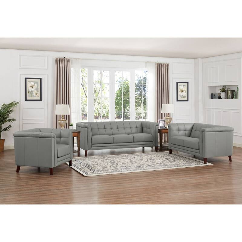 Hydeline Arvo Top Grain Leather Sofa Loveseat and Chair Set with Feather, Memory Foam and Springs - Silver Gray