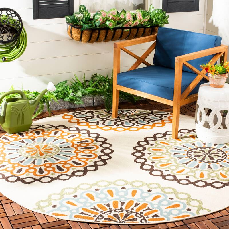 SAFAVIEH Veranda Elsi Geometric Medallion Indoor/Outdoor Area Rug - 3' Round - Cream/Terracotta