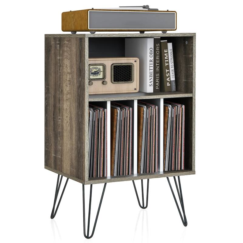Freestanding Record Player Stand with Storage and Metal Legs