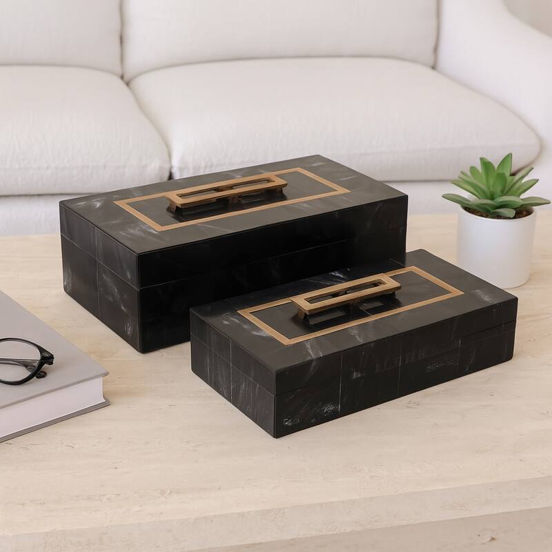 Resin Wood Decorative Storage Boxes (Set of 2) - 5" & 4" Black, Gold - 14" x 8" x 4.5"