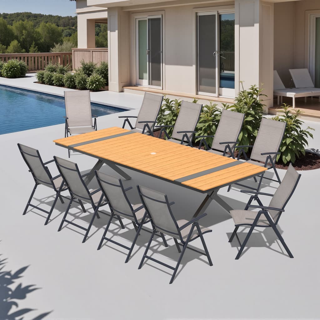 11PCS Outdoor Patio Dining Set Aluminum Rectangular Dining Table with Umbrella Hole and Folding Chairs