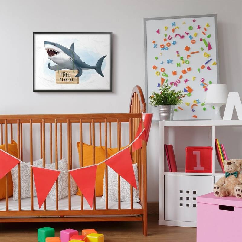 Stupell Nautical Shark Free Kisses Sign Kid's Animal Humor Framed Wall Art - Blue